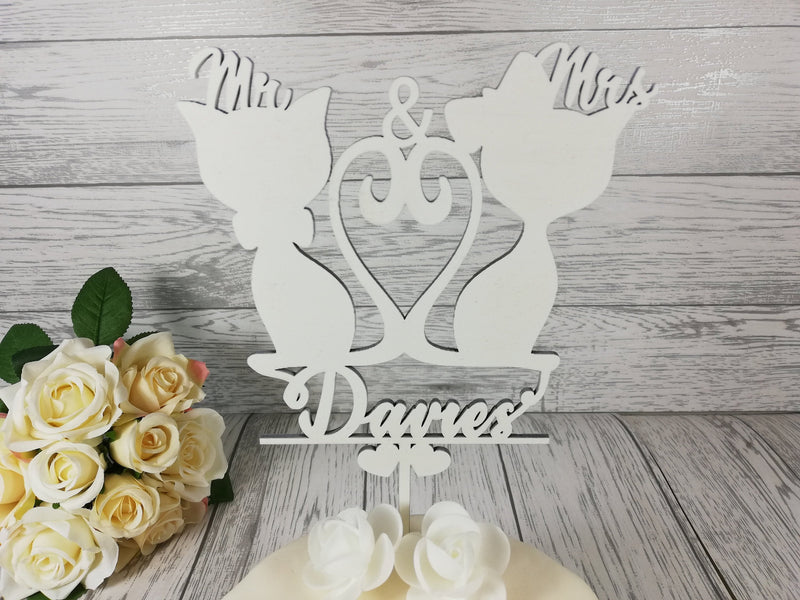 Personalised wooden wedding Mr & Mrs Cat cake topper Any Surname