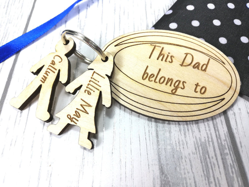 Personalised Wooden rugby ball with boy and girl figures Keyring This Dad belongs to.. Grandad