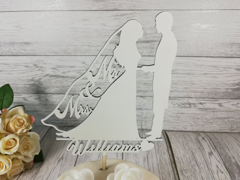 Personalised wooden wedding Mr & Mrs Silhouette cake topper Any Surname