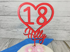 Personalised wooden birthday heart cake topper Any name Any Age 16 18 21 30 Glitter