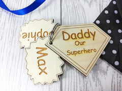 Personalised Wooden Superhero Keyring Daddy Dad Grandad. Name Kids Grandchildren Key ring