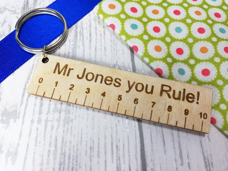 Personalised Wooden Ruler Teacher Keyring  Key ring Mr or Mrs you Rule! Any name or Message