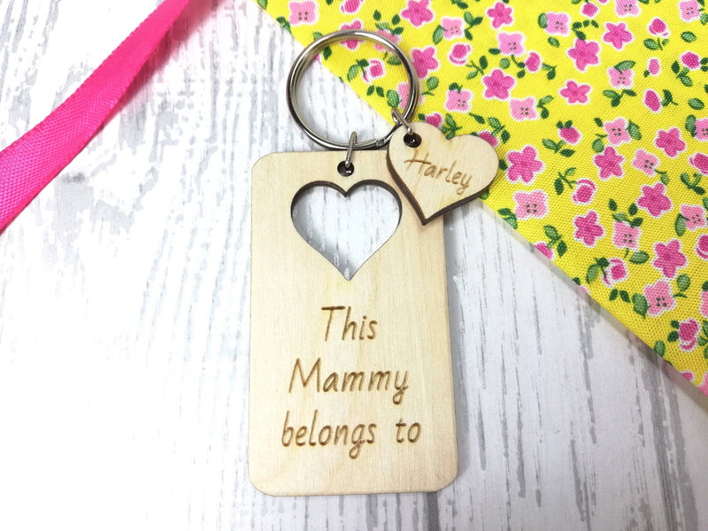 Personalised Wooden heart cut out This Mum belongs to Key ring