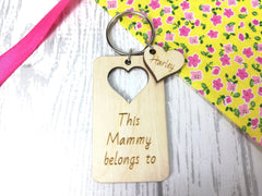 Personalised Wooden heart cut out This Mum belongs to Key ring
