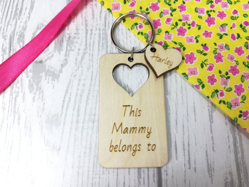 Personalised Wooden heart cut out This Mum belongs to Key ring