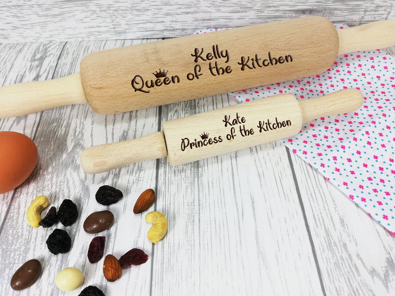 Personalised Engraved wooden Queen & Princess of the Kitchen Large & Mini Rolling Pin Set