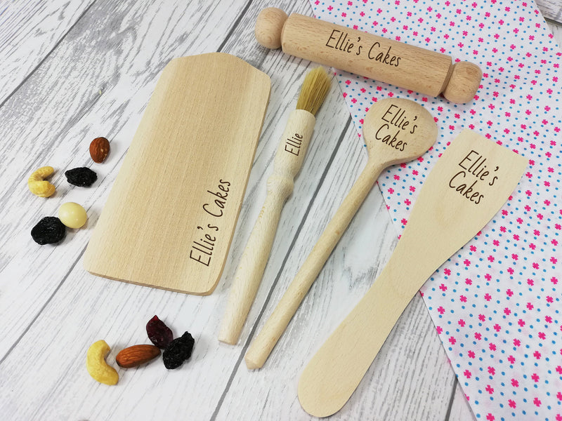 Personalised Engraved Wooden Children's Baking Set Cakes Any Name