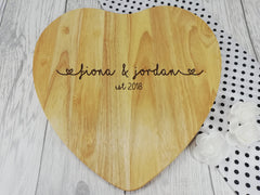 Personalised Engraved Wooden Heart Names Chopping board Wedding Gift Any Name Date