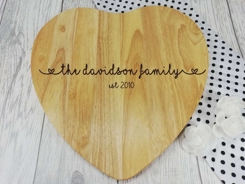 Personalised Engraved Wooden Heart Surname Family Chopping board Wedding Gift Any Name Date