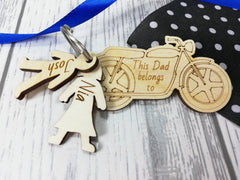 Personalised Wooden Motorbike with boy and girl figures Key ring This Dad belongs to..