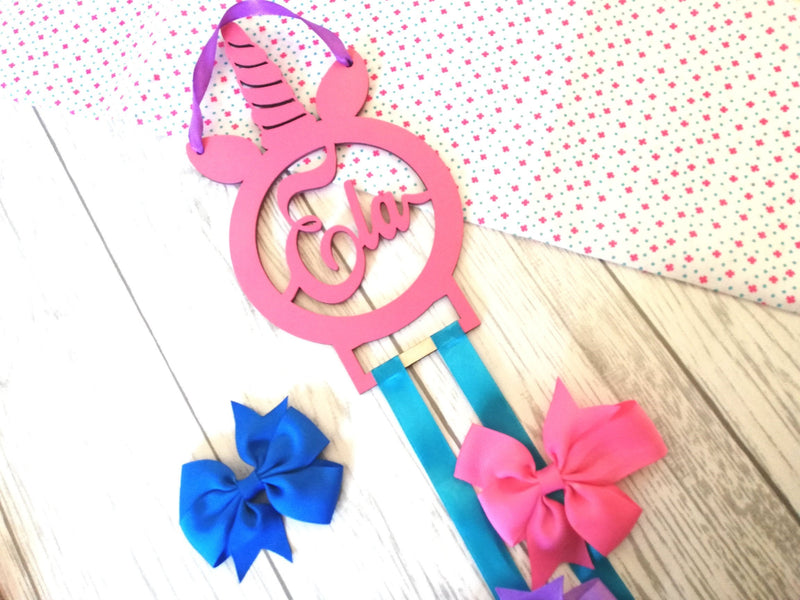 Personalised wooden Unicorn bow holder Any Name Any colour Any Ribbon Girls Gift