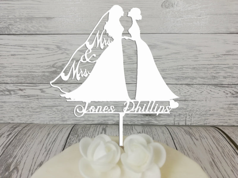Personalised wooden wedding Mrs & Mrs Silhouette cake topper Any Surname