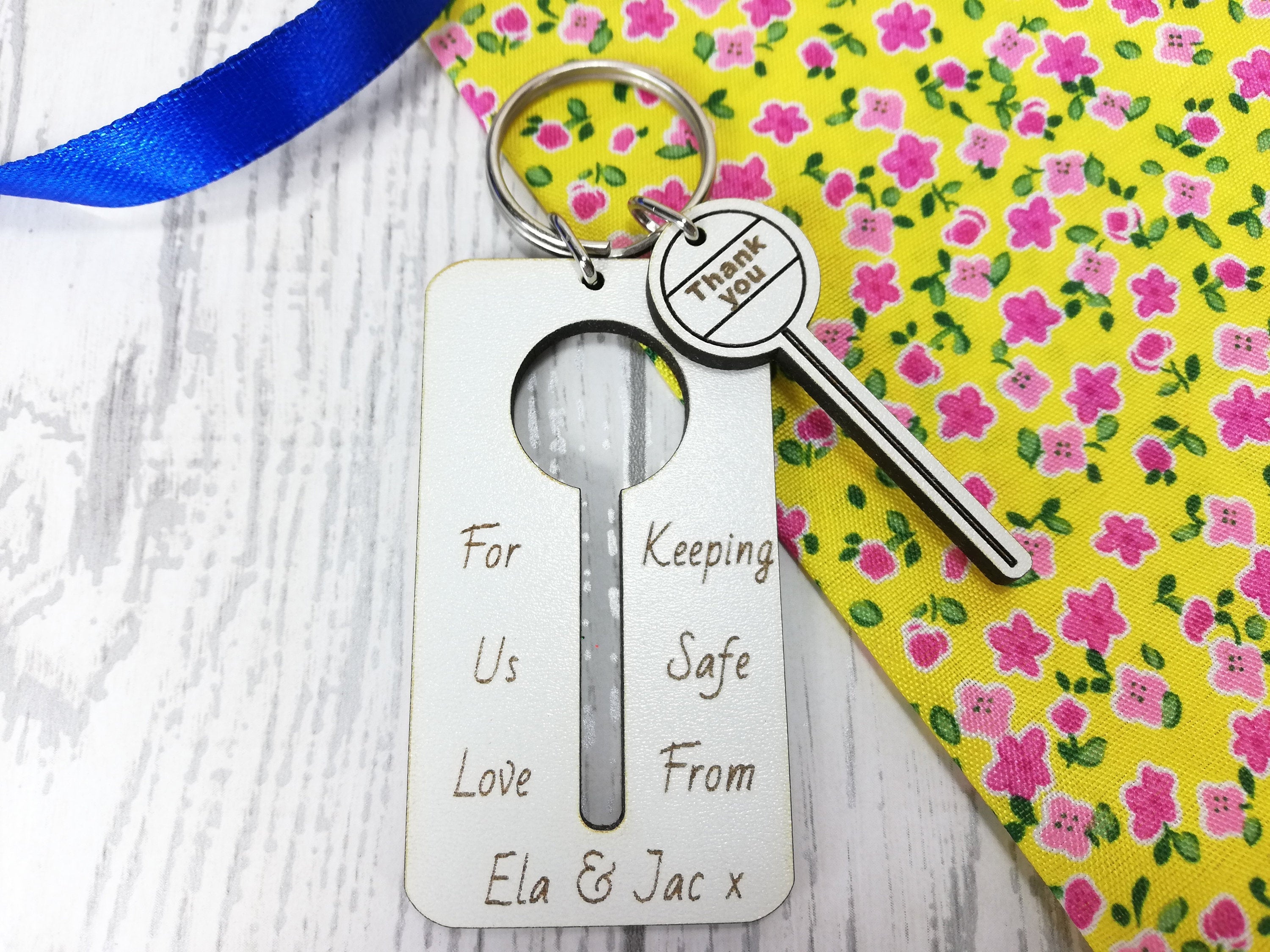 Personalised Engraved White Wooden Lollipop lady Thank you Keyring Key Little house of creations