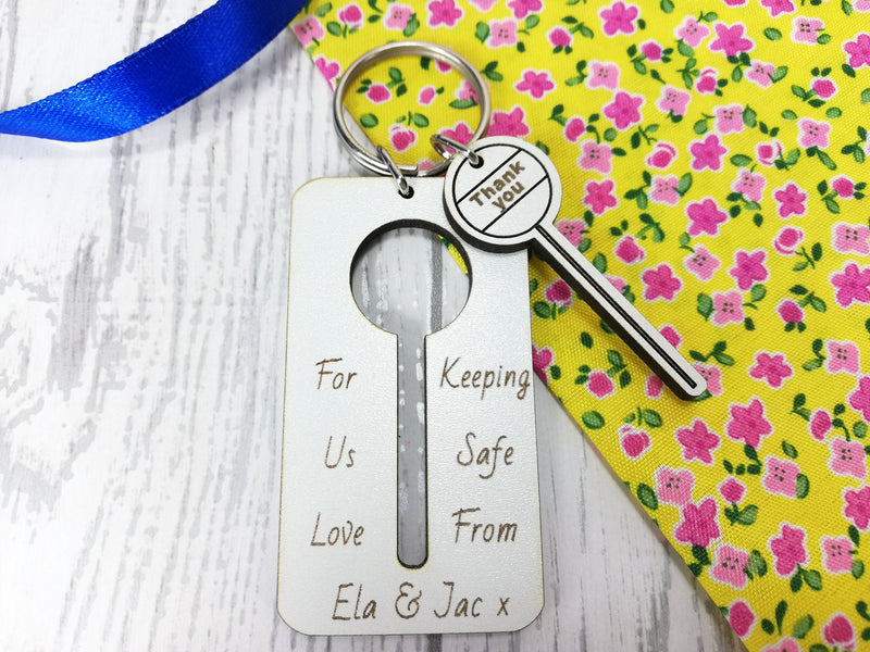 Personalised Engraved White Wooden Lollipop lady Thank you Keyring Key ring Any Name Gift