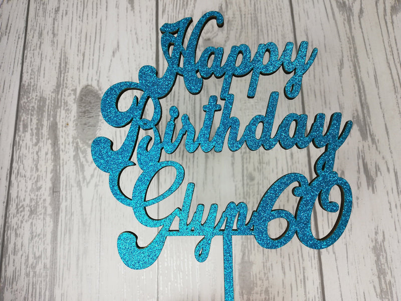 Personalised wooden happy birthday cake topper Any name glitter Any age 18 21 30 40 50 60