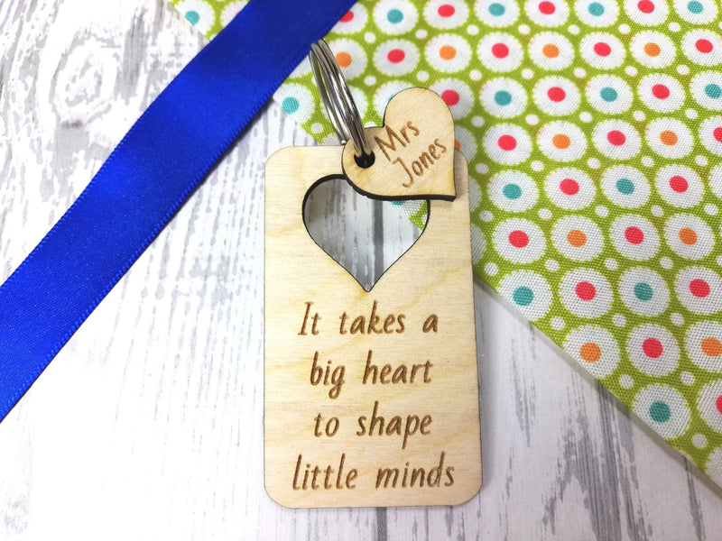 Personalised Wooden heart cut out Teacher Keyring  Key ring Any name Message