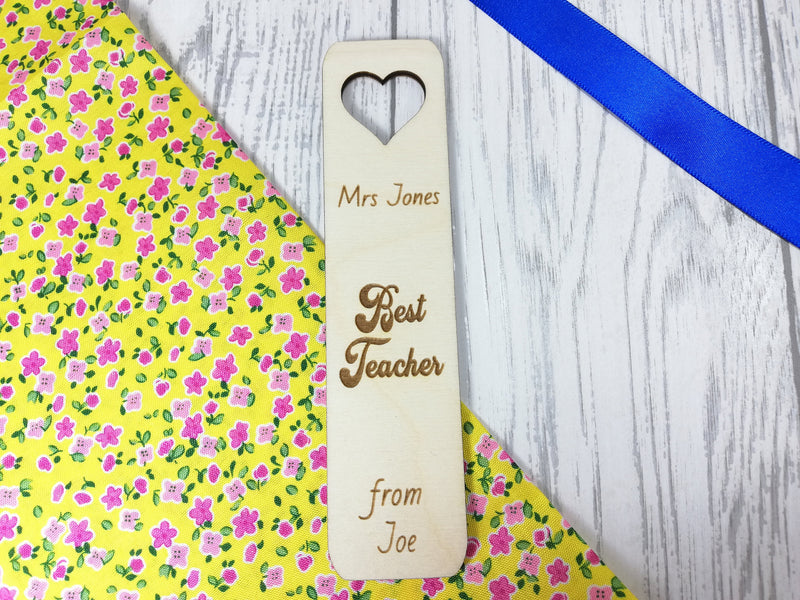 Personalised Wooden heart cut out Best Teacher Bookmark Any name Message