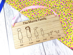 Personalised Engraved oak veneer hanging stick family sign Any Names Pets Choice of figures