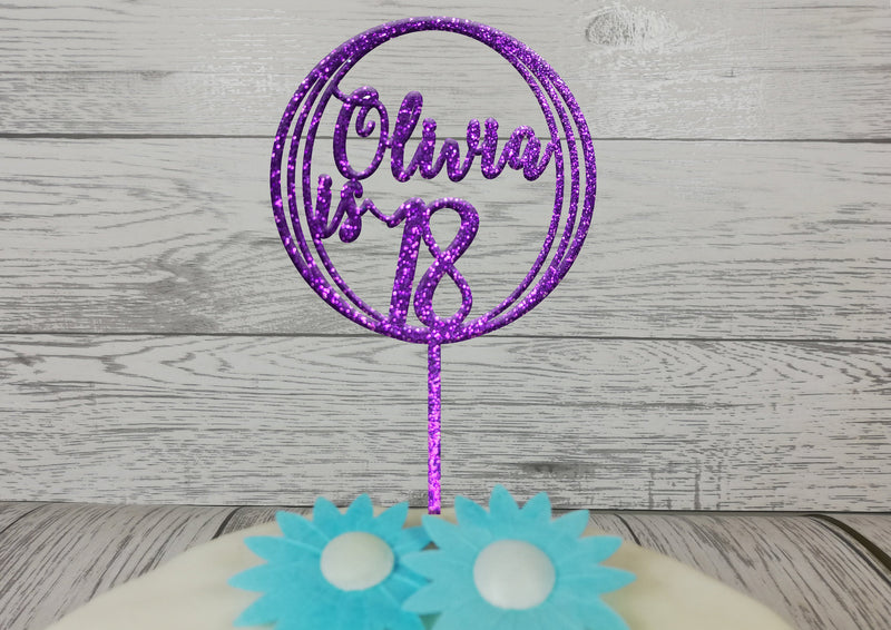 Personalised Wooden Glitter Circle birthday cake topper Any name Age 16th 21st