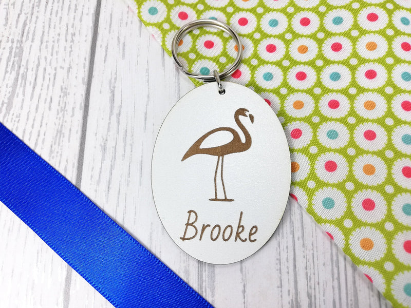 Personalised Engraved White Wooden Flamingo Keyring Key ring Any Name Gift School bag tag
