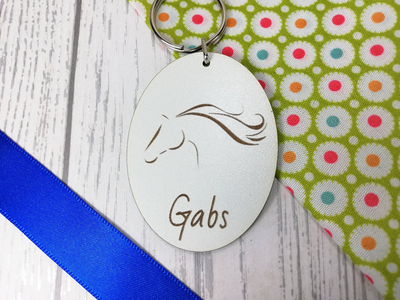 Personalised Engraved White Wooden Horse Keyring Key ring Any Name Gift School bag tag