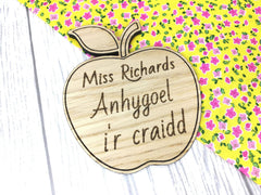Personalised Wooden engraved oak veneer apple Coaster Teacher Welsh Awesome to the core