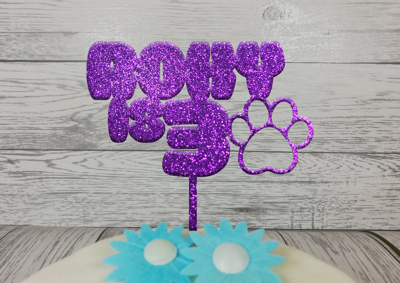 Personalised wooden Glitter Dog Cat Paw print Birthday cake topper Any name Any Age