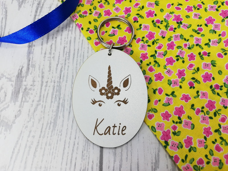 Personalised Engraved White Wooden Unicorn Keyring Key ring Any Name Gift School bag tag