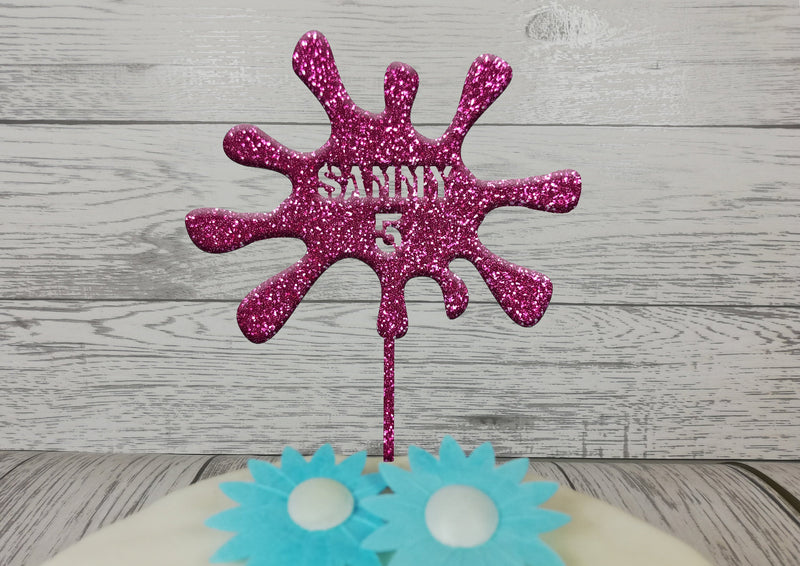 Personalised wooden birthday Slime splat cake topper glitter Any name Any Age