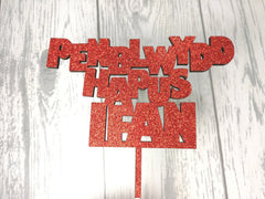 Personalised wooden welsh birthday cake topper Any name glitter Penblwydd hapus