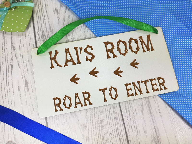 Personalised Engraved white 20cm hanging dinosaur bedroom sign Roar to enter Any Name