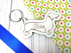 Personalised Engraved White Wooden Dog Keyring Key ring Any Name Gift School bag tag