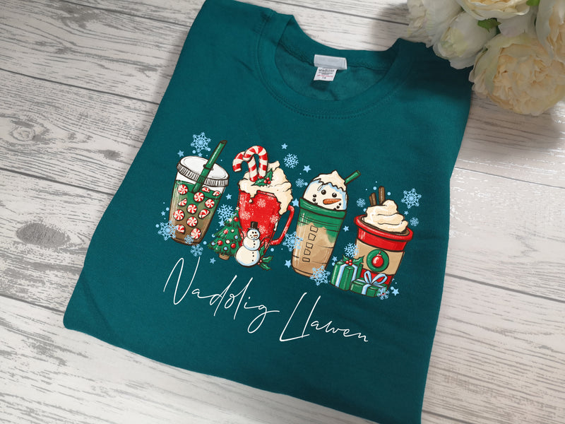 Custom Unisex Welsh JADE Nadolig Llawen Christmas drinks jumper coffee hot chocolate latte Coffi