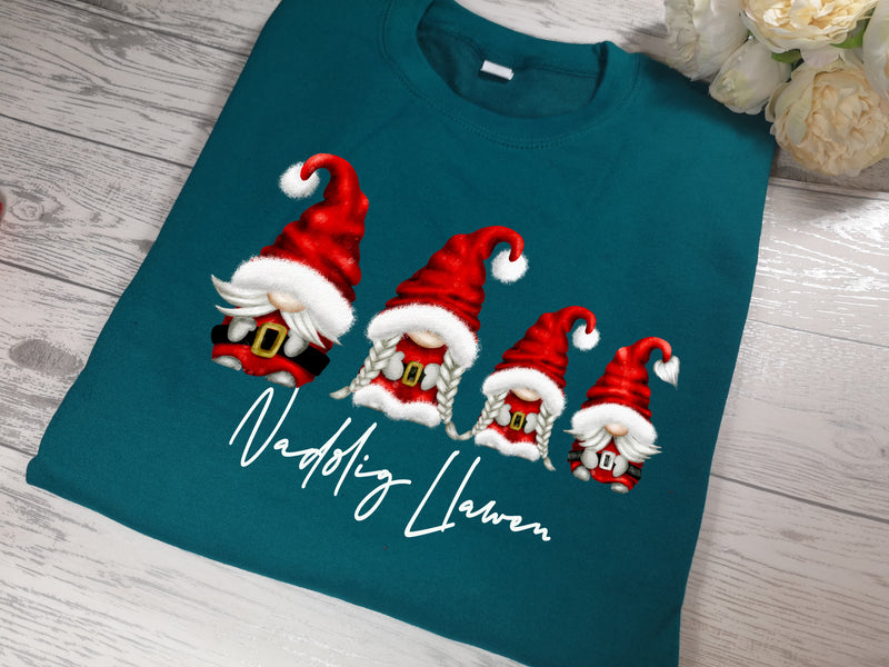 Custom KIDS welsh JADE Christmas jumper santa gonks gnomes with Nadolig Llawen detail