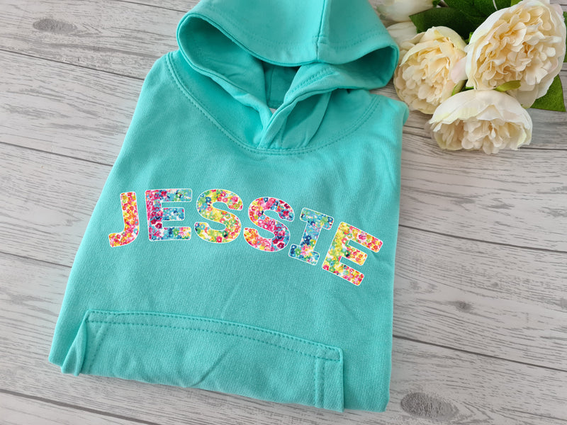 Personalised Welsh Kids MINT hoodie with Colourful floral name detail