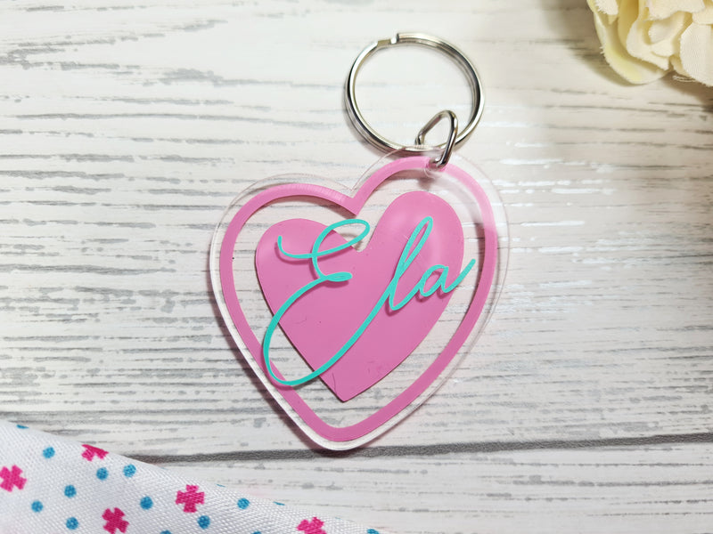 Personalised clear acrylic Heart Name Keyring Key ring Any colour