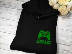 Personalised Kids BLACK hoodie with Gaming and name detail