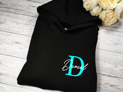 Personalised Kids BLACK hoodie with letter and name detail for Boys and girls