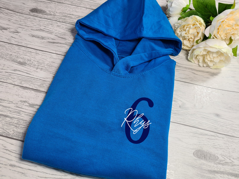 Personalised Kids BLUE hoodie with Birthday Age and name detail