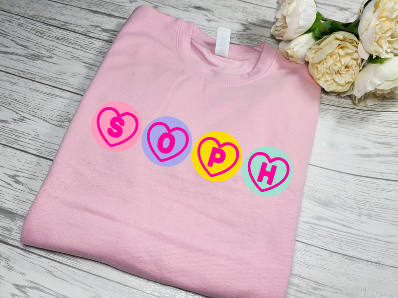 Personalised KIDS baby pink jumper LOVE sweets heart jumper any name detail