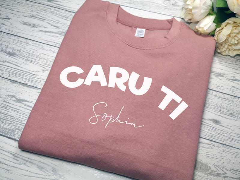 Personalised KIDS DUSKY PINK welsh CARU TI NAME detail jumper