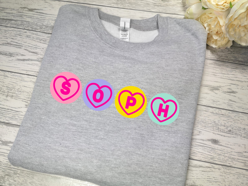 Personalised baby/KIDS heather GREY jumper LOVE sweets heart jumper any name detail