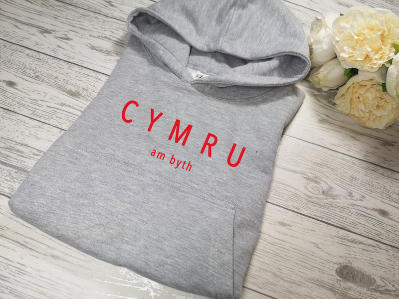 Custom Kids Grey hoodie with CYMRU am byth detail for Boys and girls