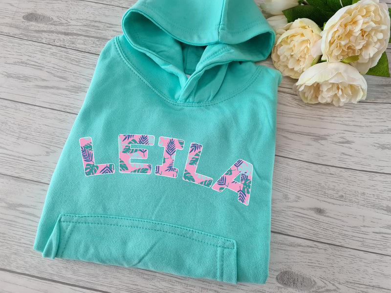 Personalised Welsh Kids MINT hoodie with pastel leaf name detail