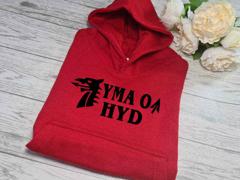 Custom Welsh dragon Kids RED hoodie with YMA O HYD  detail for Boys and girls