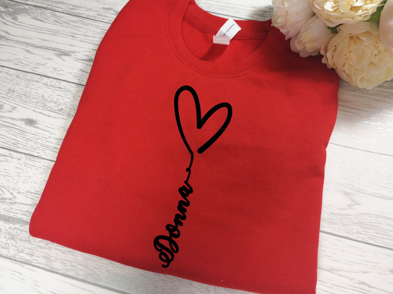 Personalised KIDS RED heart name detail jumper in a choice of colour detail