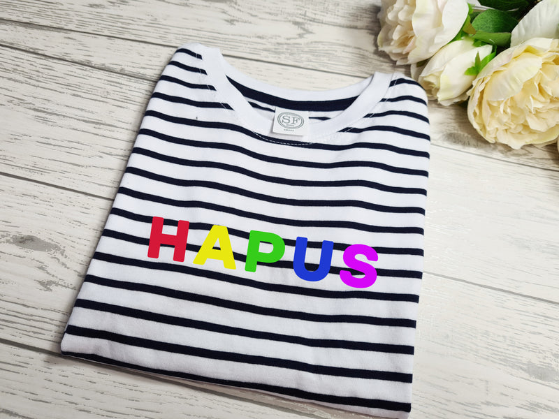 Personalised family welsh UNISEX adults kids and baby rainbow HAPUS or CARIAD Navy stripy T-shirt