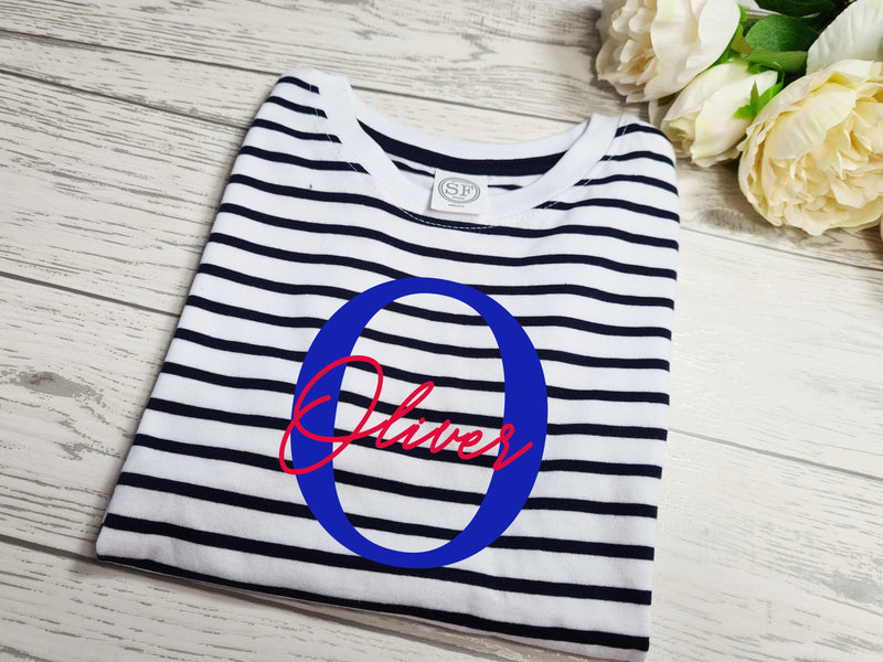 Personalised KIDS LETTER name Navy stripy birthday T-shirt Any NAME