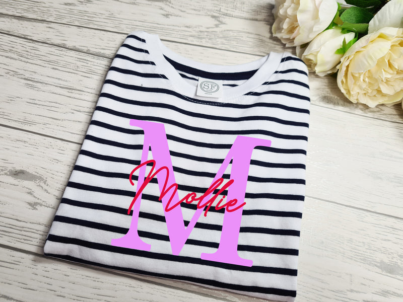 Personalised KIDS LETTER name Navy stripy birthday T-shirt Any NAME