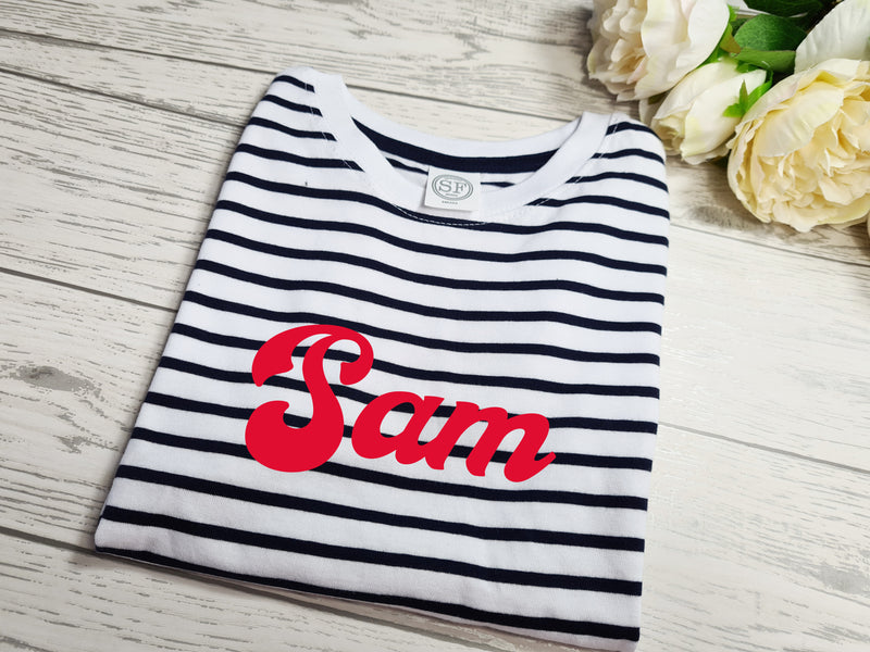 Personalised KIDS NAME Navy stripy birthday T-shirt Any NAME